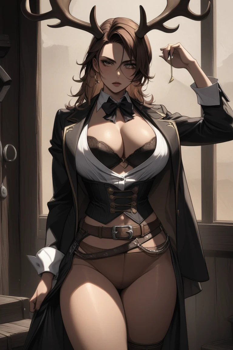 "((short steampunk corse)),((Mexicana peliroja, white skin)),((Twintail)),(1solo),(1 girl view),full_body, 1 girl view,female, young, 17 years old, 70% nude, (long hair), ((red-light brown hair)), snowflakesdetailed cute anime face, ((pointy_ears, seductive pose, flirty with one eye closed)), (((medium_breasts, firm breasts))), (green-brown ligth eyes), random angle)":(all realistic intricate details)