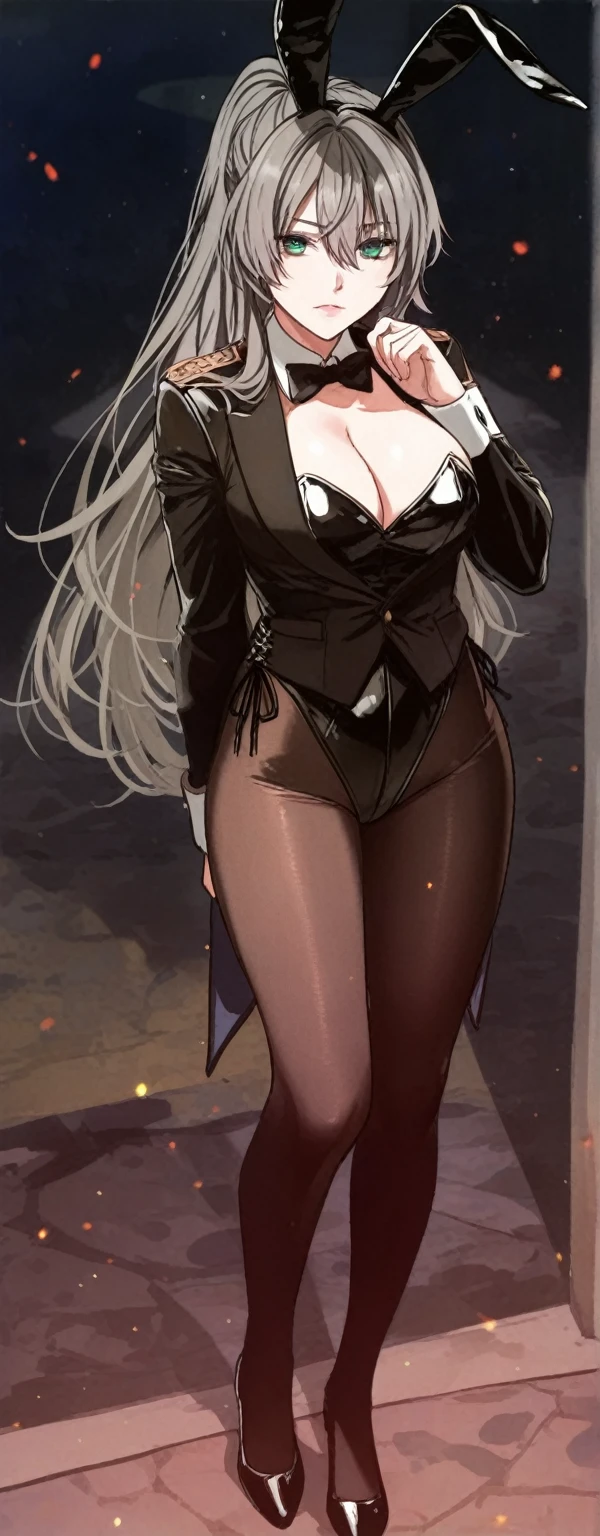 1girl, sitting at table, white hair, ((black dress)), ((hourglass figure)), (from below), grass, white table, under umbrella, ((evil smile)), ((evil)), ((naked pussy)), (pussy)
