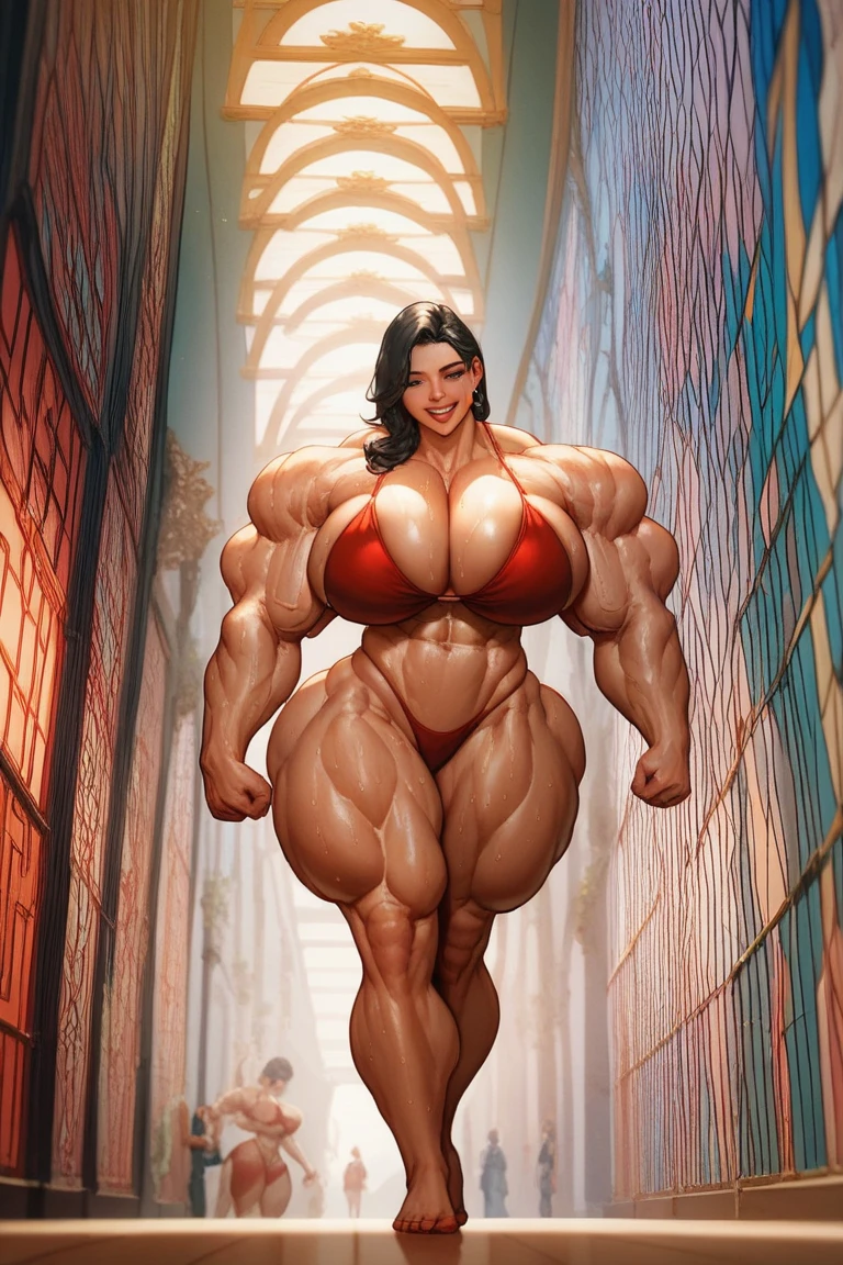 raffe woman in a red dress posing on a street, heavy looking, thicc, giantess art, highly detailed giantess shot, thick body, massive legs towering over you, muscular ultraviolent woman, powerful and huge, hyperrealistic full figure, exaggeratedly large physique, large muscles, extremely detailed giantess