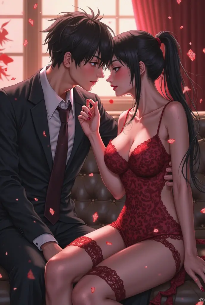 1man and 1woman, couple, beautiful vampire goddess, handsome man, brunette very long hair, man with brunette short hair, red eyes, wearing a sexy red and black dress, man in sexy suit, ultrasharp, looking at the viewer, ((best quality)), ((masterpiece)), (detailed), perfect face, big breast, sexy body, sexy man besides her, hugged, An anime scene of a boy and girl hugging and kissing intensely, with hearts and sparkles floating around them as they stand under the cherry blossoms in a dreamy park