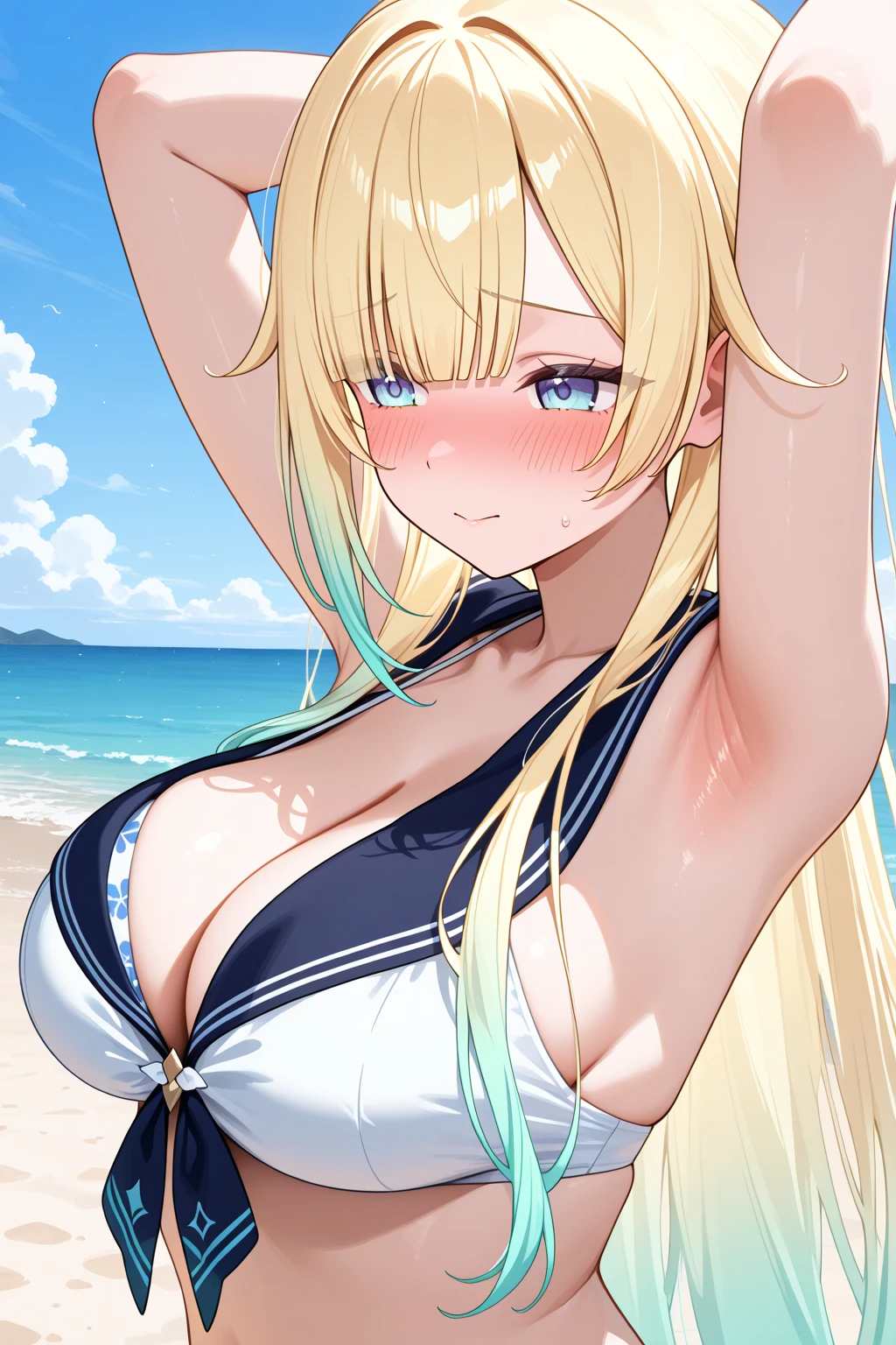 Highest quality, Ultra-high resolution, (Genuineistically:1.4),Cute hairpin,Jewel Girl,Stand at the wedding hall,Big Breasts、Clear and attractive blue eyes,Royal Sister,The sun shines on your face,Blonde Hair、necklace:1.2),(White skin:1.4),atmosphere,beautiful girl, smile,Watching the viewer directly, Cleavage close-up ,(Genuine:1.4),1 person,sexy,(Upper Body:1.4),(Wet),(:1.2)