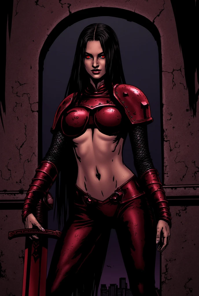 Skarlet from mortal kombat in a red ninja leotard holding a blood scythe, realistic art style, detailed wrinkles