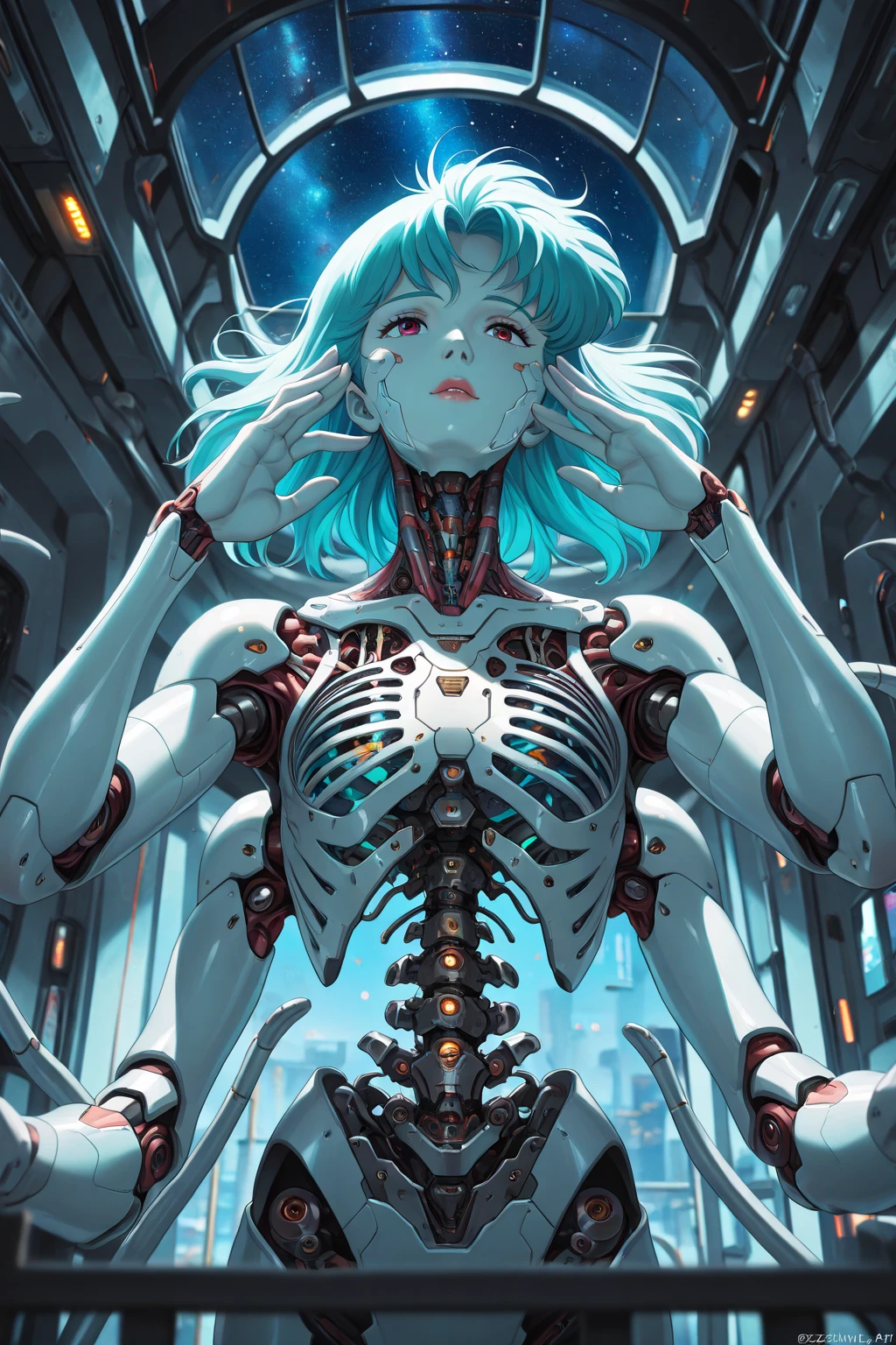 (masterpiece, top quality, best quality, official art, beautiful and aesthetic:1.2), (1girl:1.3), extreme detailed,colorful,highest detailed ((ultra-detailed)), (highly detailed CG illustration), ((an extremely delicate and beautiful)),(from side),cinematic light,((1mechanical girl)),solo,full body,(machine made joints:1.2),((machanical limbs)),(blood vessels connected to tubes),(mechanical vertebra attaching to back),((mechanical cervial attaching to neck)),(sitting),expressionless,(wires and cables attaching to neck:1.2),(wires and cables on head:1.2)(character focus),science fiction,white background,(blood:1.5)