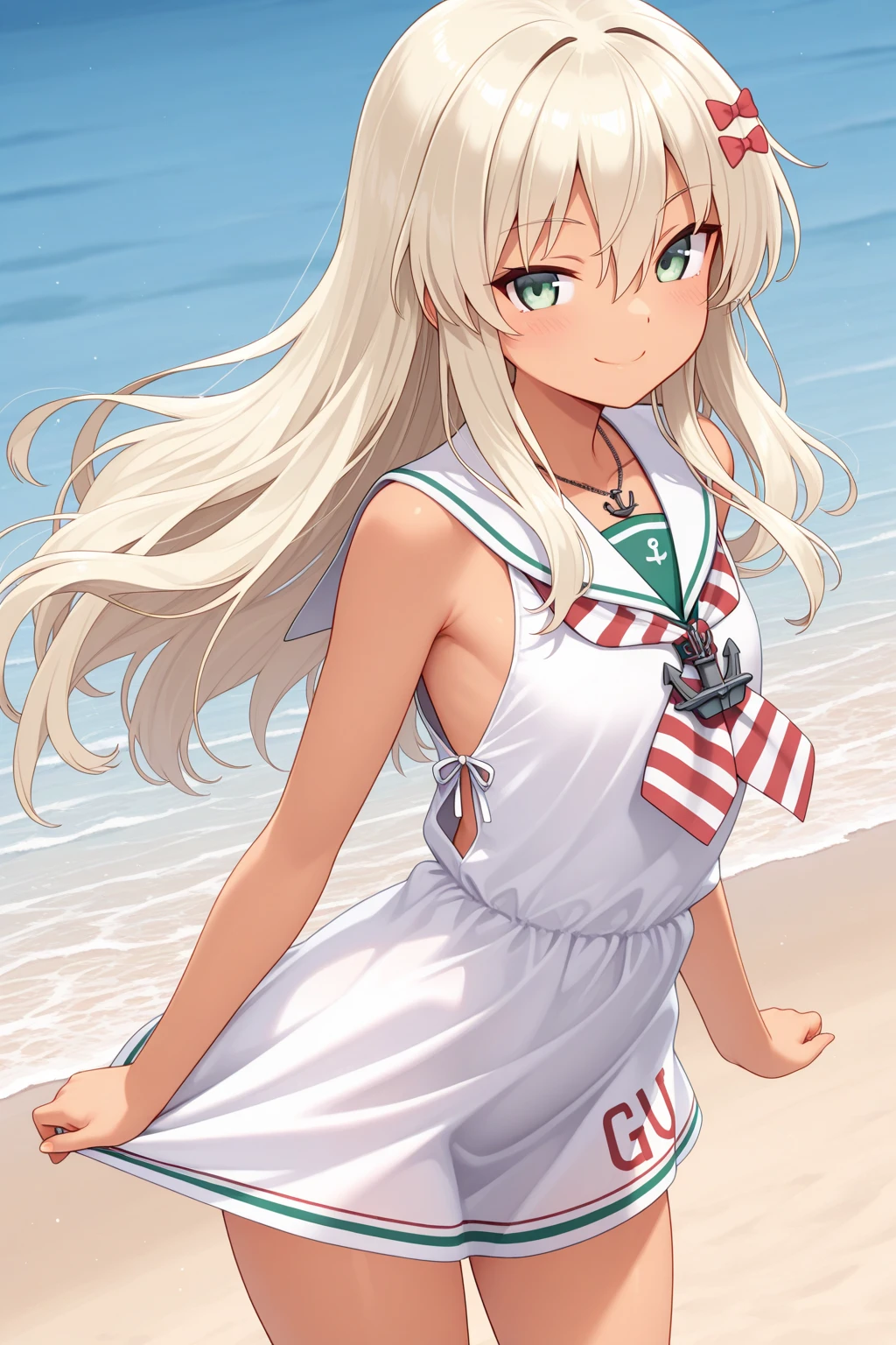score_9, score_8_up, score_7_up, source_アニメ, Idealized Forms, Natural Light, details background, blurry background, extremely detailed,(aga)maestrale(kancolle),one-piece tan,tanlines,grey hair,one side up,green eyes,long hair,anchor hair ornament,small breasts,(petite),(supplyed eyes),((tears)),blush,body paint,painted clothes,fake clothes,form fitting,swimsuit,