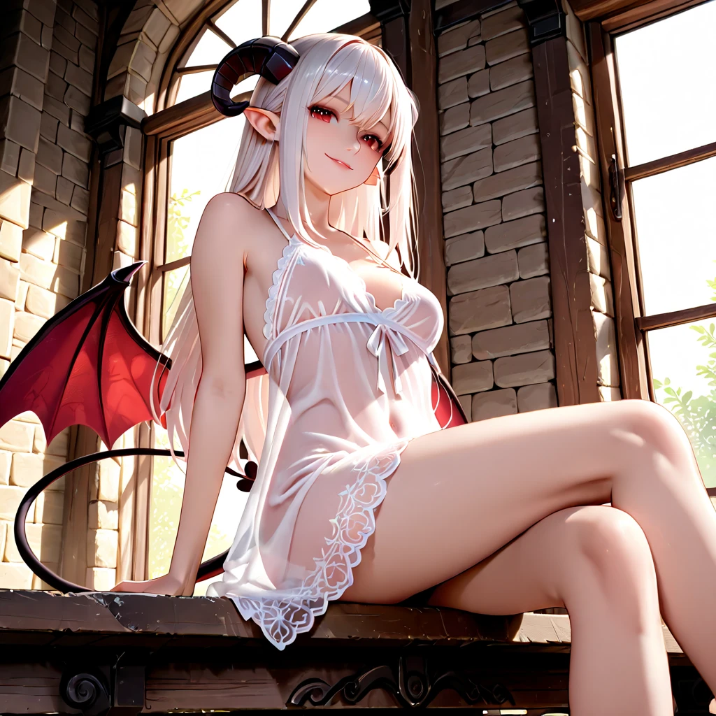 unparalleled masterpiece, Ultra HD, Depth of field,(delicate photograph,ultra_detailed,16k),(dream like,fantasy), 1 beautiful succubus girl, open legs for viewer,embossing decoration on body, flower design pink trim, wearing white lace leotard and (tutu:1.2), shiny room with smooth surfaces, thighlets, armlets, (purple tattoo:1.1),large breast,(sideboob,sideless),covered nipples,O-face, very long hair, devil wings, smile, dynamic pose,