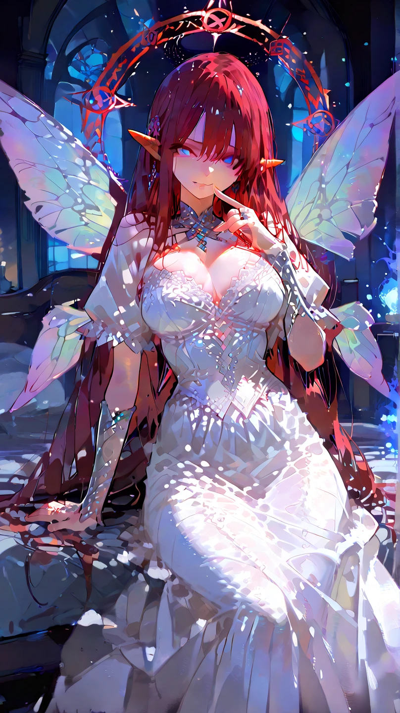 (Absurd, high quality, ultra -compared, careful with the hand) fairy, fairy wings, dreamer body, vivid, romantic and all. Optimistic face, just lies, without entry and intellectual. Reckless style, cold heart, impatient and too confident. Gray eyes, ripe and dark (eyes of the eyes), enchanted fairy (pixie) . Short hair, red hair. In the carnival row illustration, flying. Whole body