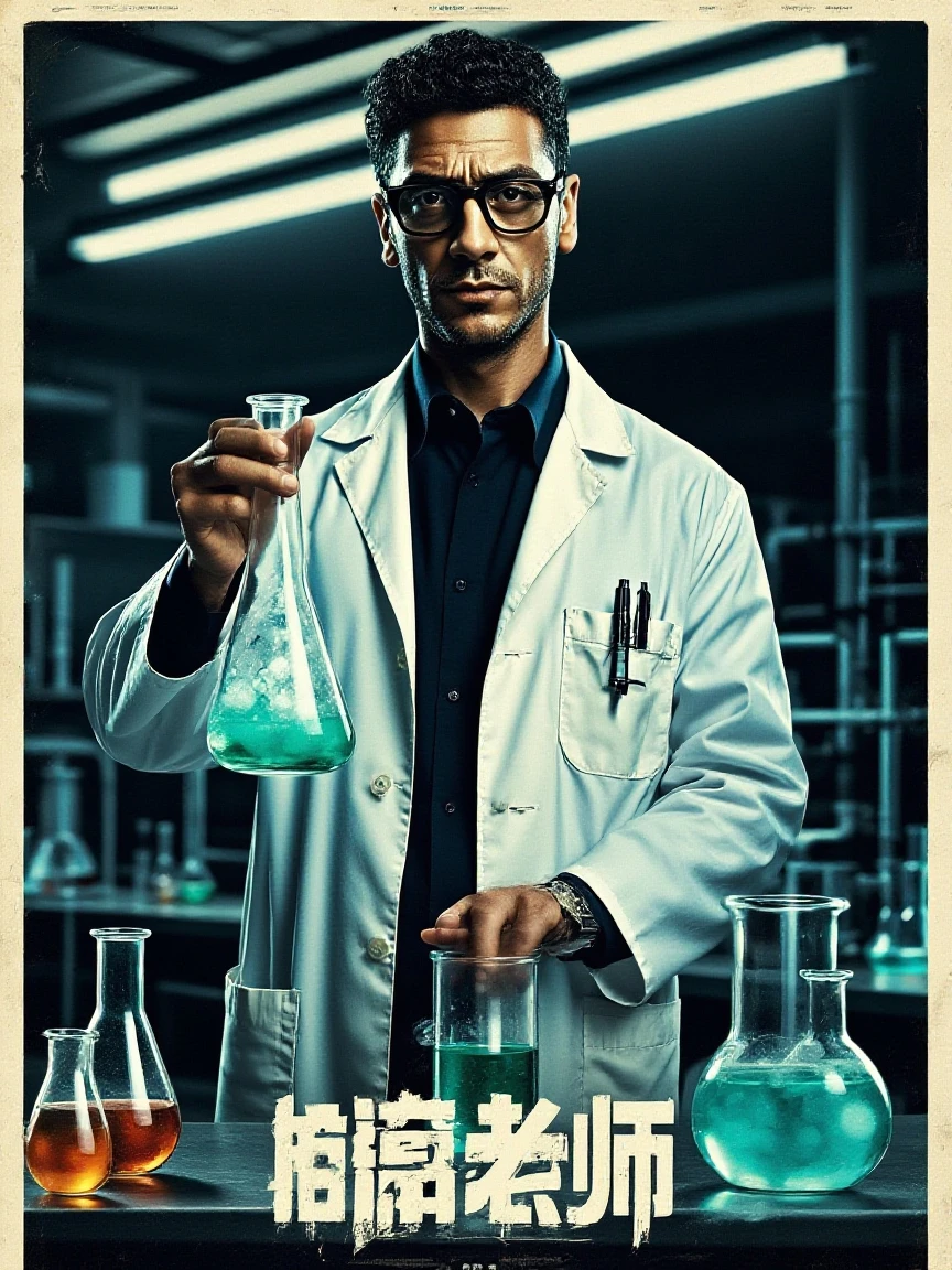 Scientist man in front, hands in front, big teats, detailded, num horror atmosphere, HD, ultrarealisitic, holding a glass bottle with green liquid, hands with 5 fingers each, detailed, realisitic