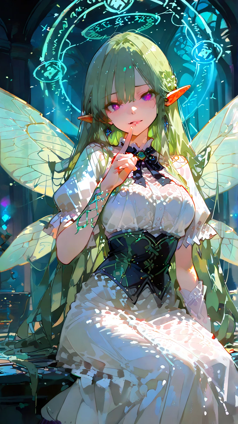 1 girl，Best quality, tmasterpiece, Long green hair, beautiful,detailed eyes, HD, super cute girl, super cute hairstyle, extremely detailed, Visually inspect the audience, The face is slightly red，is shy，adolable，Lori small breasts cleavage, skirt, pleated skirt, frills, white dress, (solo:1.6), seductive smile, (green eyes with beautiful pupils:1.7), (on her knees:1.5), (garden background with butterflies and flowers around:1.7),
