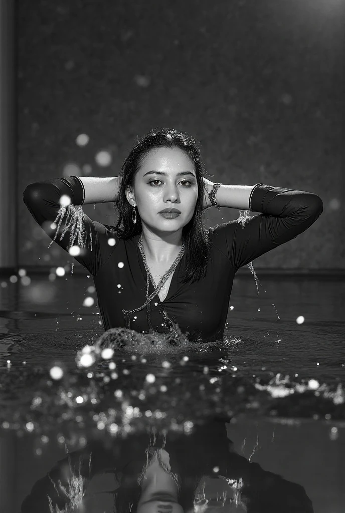 A beautiful woman with black flowing hair and a silver headphone, wearing silver glitter tank top and matching shorts, diving under pitch black water, so very dark you can only see her upper body parts, camera flash lighting, elegant pose, looking at the camera