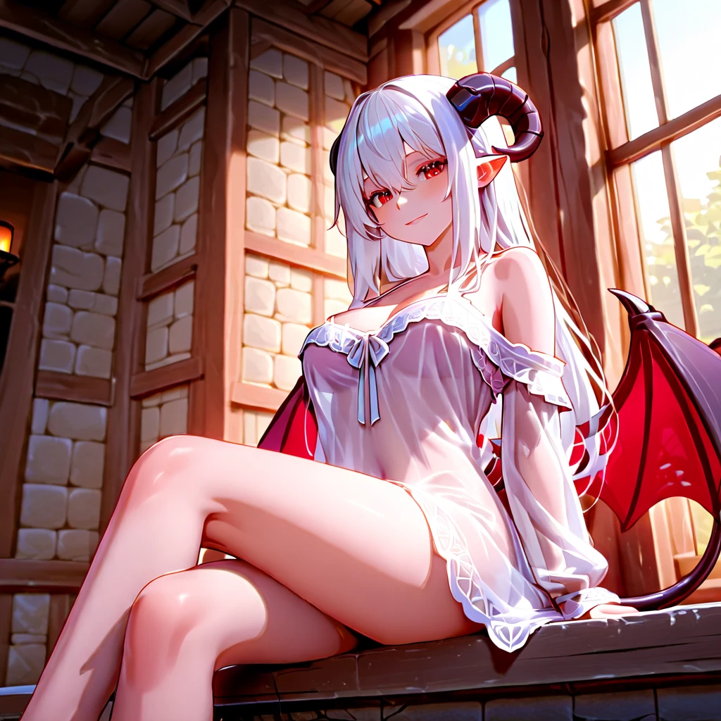 1 girl, sitting with her legs apart, on the ground, stockings, white stockings, transparent white linen, (demonic horns:1.2), street, sunset, masterpiece, best quality, camel finger, naked, erotic, facing the viewer