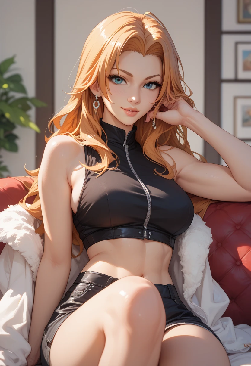 (masterpiece, RAW photo), visually stunning portrait photo of a trendy beautiful lady casually sitting and resting her head on a couch in the living room, capturing their nonchalant expression, hot pants ,cinematic shot, upper body, centered, 100mm lens, perfect angle, award winning, dynamic pose, intricate hyperdetailed best quality cuteness, hyperdetailed calypso and blue fancy gym dress otherworldly glow, hyperdetailed face, gloss lips,small forehead