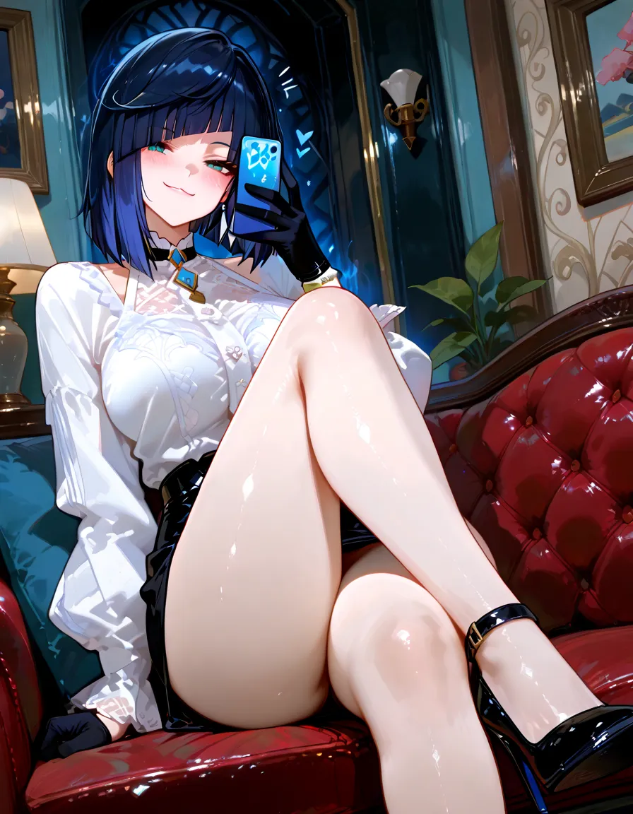 Unfolded fingers, pale blue eyes, confused eyes, black high-heeled boots