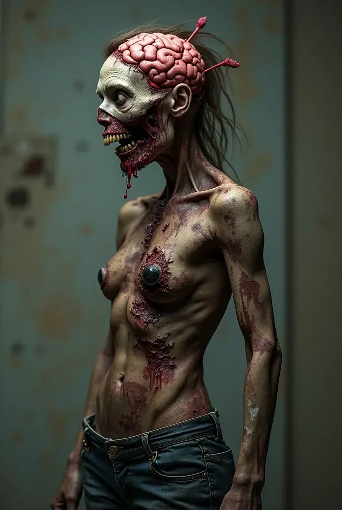 "Create an ultra-high resolution, hyper-realistic rendering of a beautiful, sexy zombie model who is a black woman with very dark African skin, posed like a fashion model to celebrate Africa Day. She should have dead eyes, with visible bites and gashes on her body. Her body should be complete and anatomically correct, emphasizing her sensual curves. Include details like twisted hair and contorted lips for character. The background should depict a vibrant African scene with traditional African patterns, elements, and symbols of resilience and cultural heritage. The overall image should exude an aura of haunting beauty and culture, focusing on the zombie features without additional cultural markings on her body."