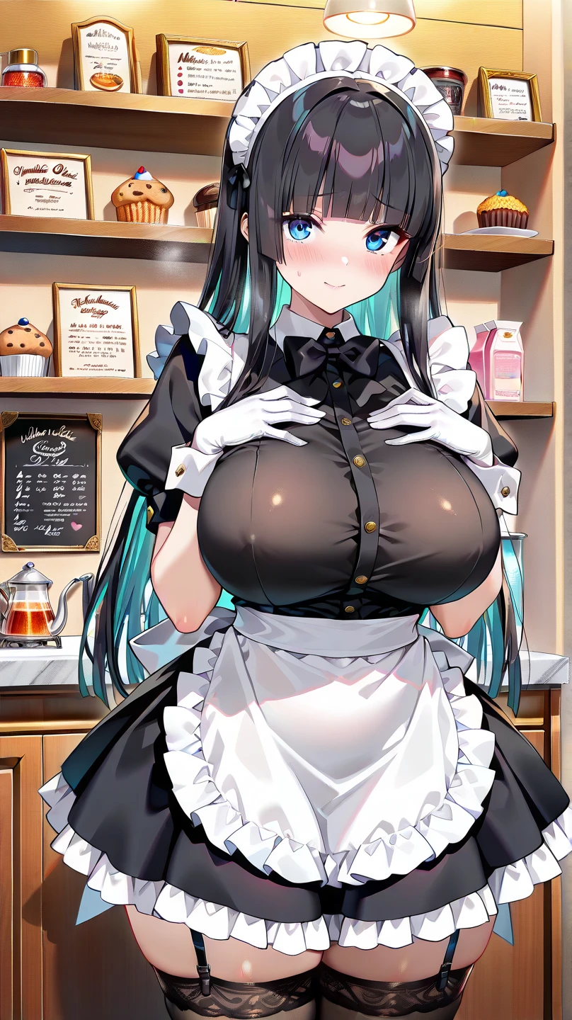 (masterpiece, best quality:1.2), 1girl, solo,dark skin,sweating skin,open pose,maid,coffee shop