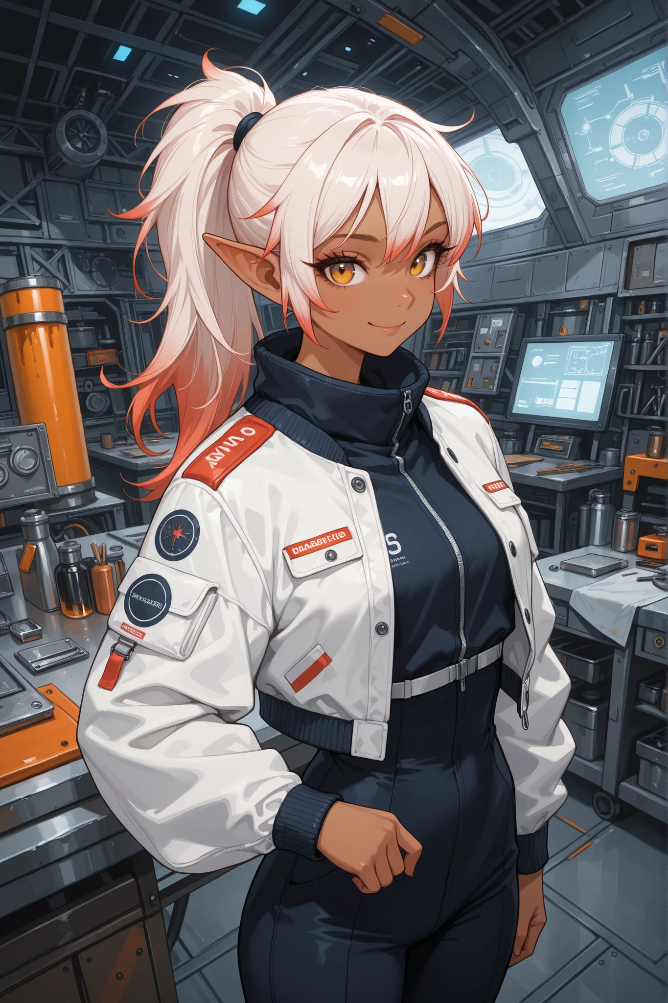 solo, female, dwarf girl, short, tomboy, slim waist, close up, cowboy shot, looking at viewer, workshop, long hair, ponytail, light red hair, adult, short pointed ears, short, jacket, oil stains, dark skin, cute, futuristic, space station, looking at viewer, long eyelashes, curvaceous, modest, beautiful, smile, perspective, striking composition