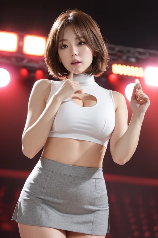 a K-pop idol wearing a turtleneck sweater,
(((masterpiece))), ((highest quality)), ((Intricate and detailed)), ((Surreal)), Absurd resolution, , Mature Woman, perspective, Very detailed, figure, One girl, ((Large Breasts)), Perfect hands, Detailed fingers, Beautiful fine details, short hair, Brown eyes,(turtleneck:1.2), Tight Skirt, Detailed Background, choker, Perfect Eyes, Seductive eyes, Looking at the audience, from the front、((Sexy panties in full view:1.0))、((Spread your legs wide:1.4))