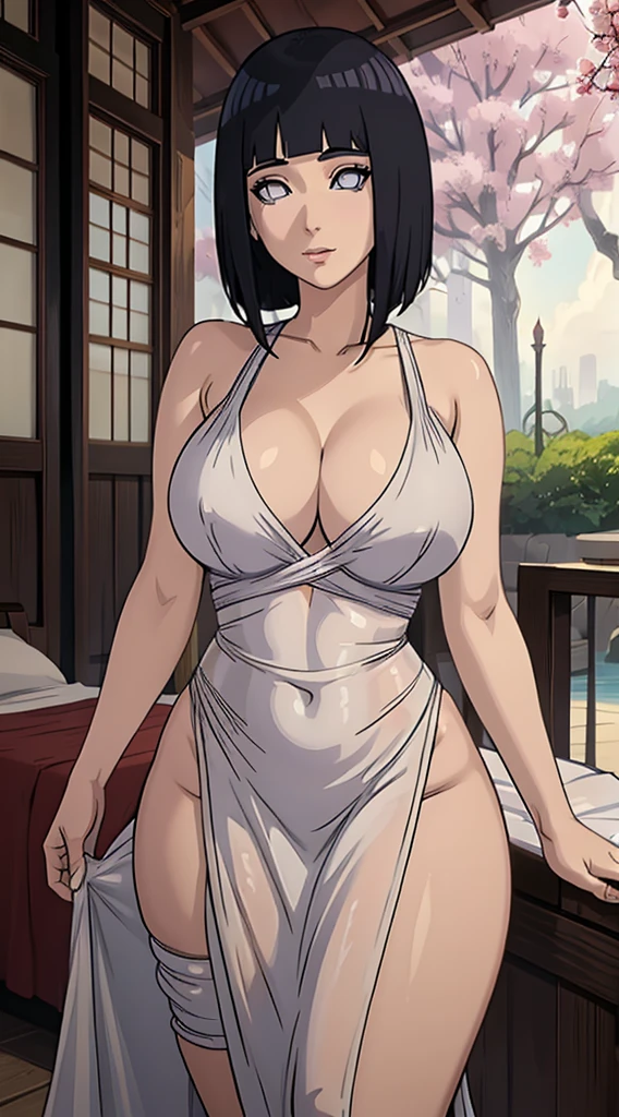 standing, solo, hinata\(boruto\), 1girl, mature female, naked apron, coffee apron, sideboob, large breasts, areola slip, cleavage, leaning forward, hanging breasts, curvy, hands on table, arms down, looking at viewer, blush, parted lips, light smile, short hair