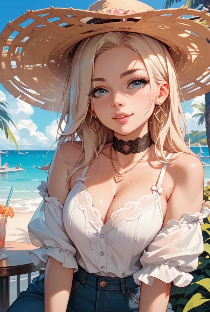 (best quality: 1.2), clean face, (masterpiece: 1.2, 8k) perfect anatomy, 1girl,a beautiful fashion model ,(masterpiece, official art, best quality shiny hair, blonde hair with streaks in hair, full lips, big breasts, slutty outfit, cleavage, shiny skin, looking at viewer, (sun dress, sun hat, sun glasses), long abdomen