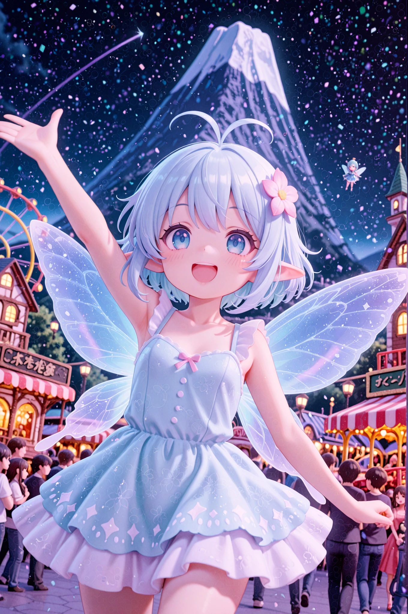 score_9, score_8_up, score_7_up, masterpiece, best quality, perfect facial features, highest resolution, 8k, amazing quality, detailed eyes, clear eyes, dynamic composition, dynamic pose, face clearly visible, whole body, low angle, turn your back, stick out your back, show the roots of the wings on your back, fly in the sky with your back turned, turn only your face, face close, 1 girl, solo, 1 chibi girl, repochi, light blue hair, short hair, fairy wings, fairy, fairy girl, (fairy girl), repochi's clothes, fairy clothes, fairy dress, smile, have fun, Opening mouth, having fun, Fuji-Q Highland, roller coaster, amusement park, haunted house, girl riding a roller coaster, roller coaster riding pose, dynamic pose, low angle, roller coaster moving at high speed, high-speed movement, concentrated line drawing, Mount Fuji in the distance, amusement park ride, crowded, crowd, family, playing at an amusement park, fun atmosphere, playful atmosphere, bright atmosphere, amusement park atmosphere, daytime, ((((clear contrast between light and dark))))
