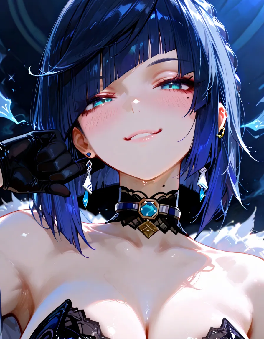 <lora:An25-003oc-EEE_noob_v1.0a1-000210:1>, <lora:nyalia:0.8>, nyalia, 
1girl, solo, EEE, x hair ornament, medium hair, dark blue hair, 
looking at viewer, smile, blush, open mouth, small , underboob, cleavage, black jacket, open jacket, leather jacket, , long sleeves, earrings, necklace, o-ring top, chain, strapless, 
best quality, amazing quality, very aesthetic, absurdres, beast quality, masterpiece