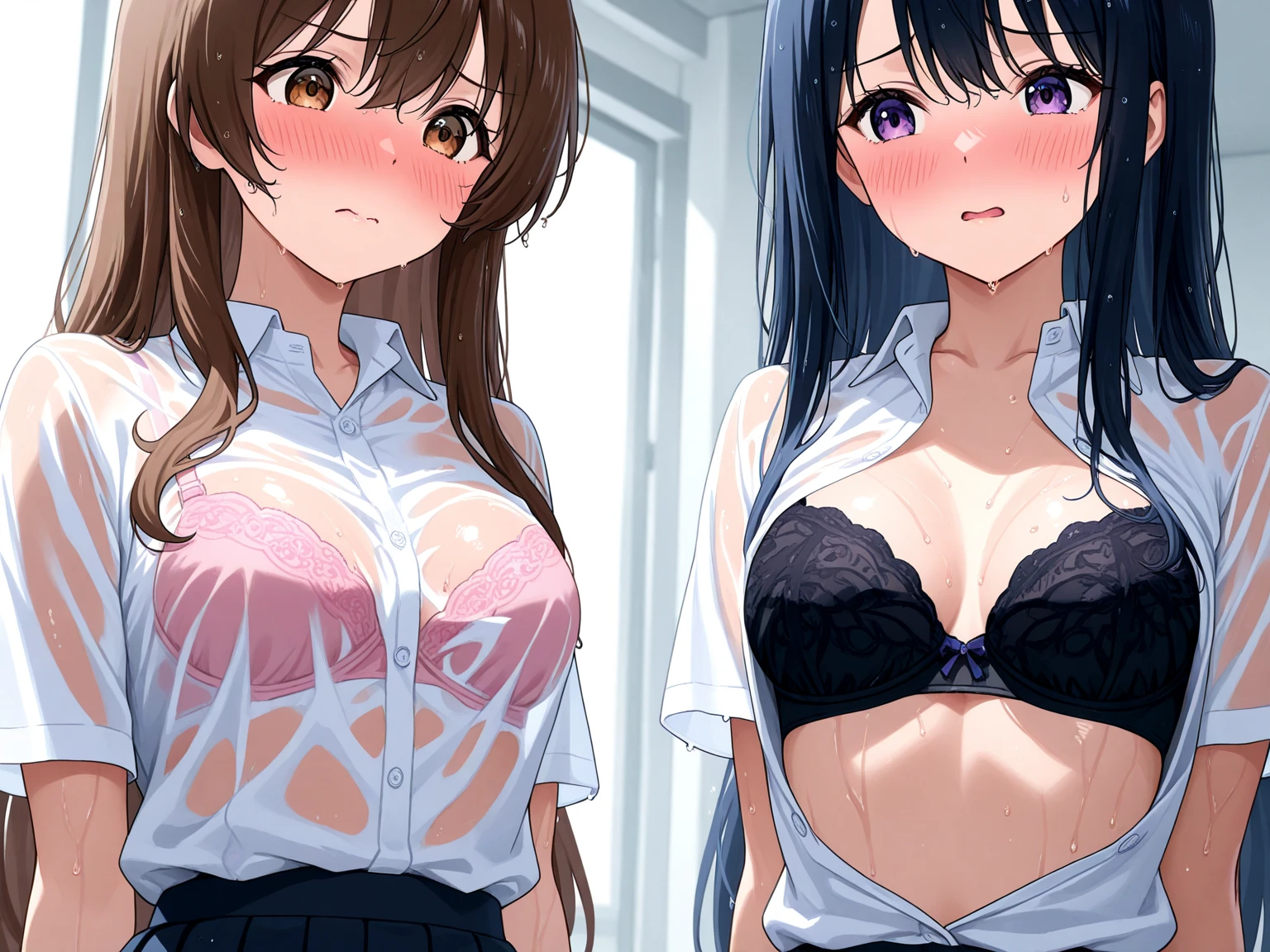 (8k，Super details，best masterpiece，nature，Perfect work of art，perfect female figure)，two women，sister and sister，sisters，Rainbow hair，perfect face，(huge)，Neighbor&#39;s Wife，woman hairstyle，elegant wife，mature and exposed，20 years old，fair skin，messy hair，Perfect sexy body，Wear a fitted and sexy tunic dress，Red lace white bottom strapless short dress，Hot and sexy secretary，wear glasses，Standing in the detailed bathroom，A lot of water was poured on，The whole body is soaked，Want to take off clothes，But happy，Smile，Detail background，necklace，perfect eyes，， T-shaped small size，huge的山雀