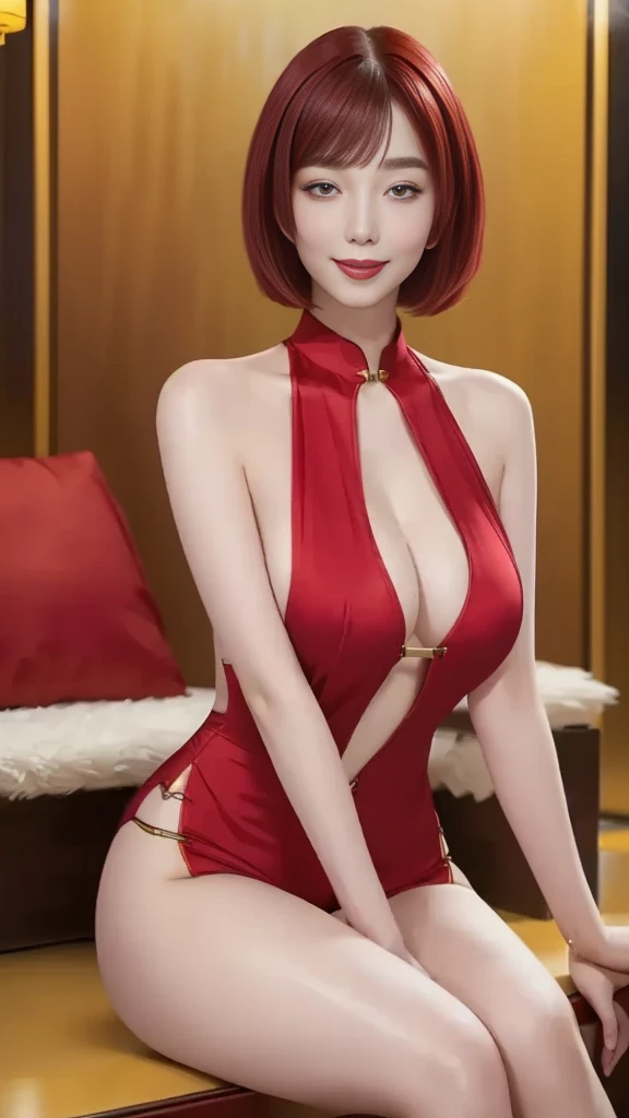 a beautiful woman, detailed face, jhumki earrings, long earrings, sharp jawline, red lipstick, cleavage, thin body, tall, aesthetic glasses, bob haircut, smiling, pale skin, bangs, red dress, blue eyes, cinematic lighting, photorealistic, 8k, highly detailed, masterpiece