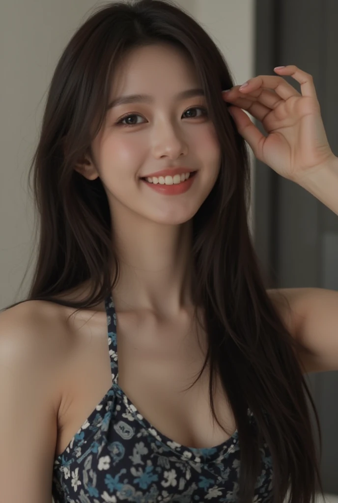 ((masterpiece: 1.4, best quality))+,(ultra detail)+, official art, unity 8k wallpaper, ultra detail, beautiful, high quality, Highlight your cute face,  masterpiece, best quality, half wavy medium length hair, (brown eyes, brown hair), bust:1.3, looking straight ahead, laugh, Swimsuit models