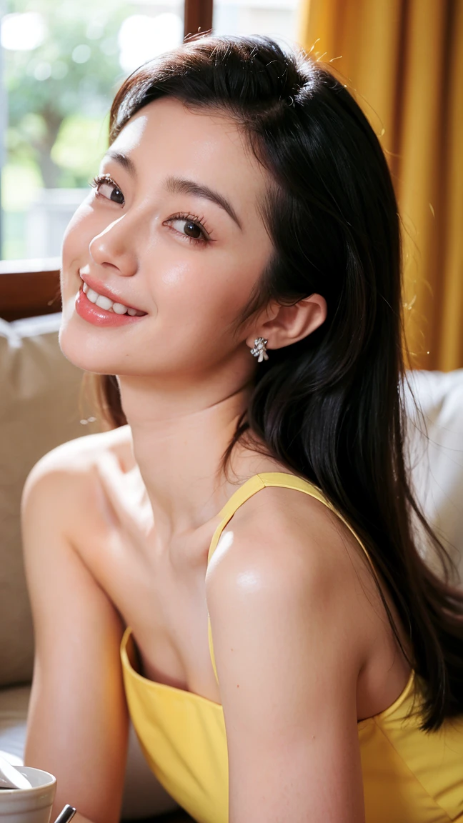 (Best Picture Quality, Hyper Real, Ultra HD), Lying on the bed, Hiding her breasts with her hands, Japan idol in her 20s, Mole on her chest, Beauty, Smiling expression, Stylish lace underwear, Slender, Best skin type, Background is a luxury hotel