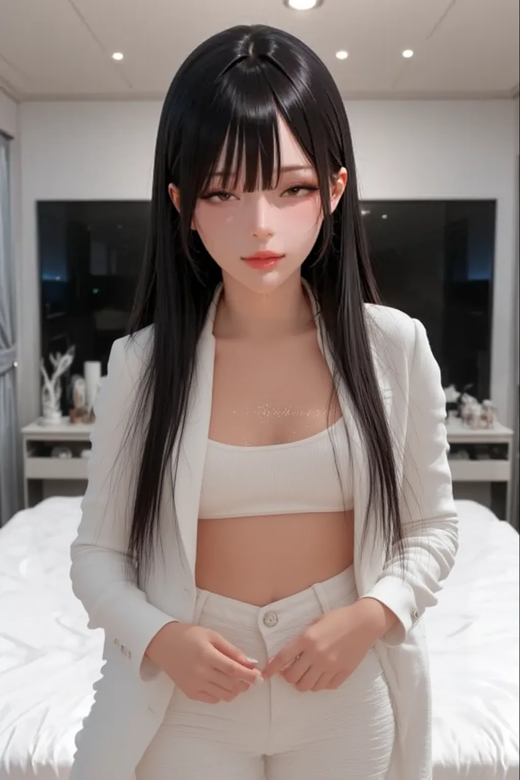 close up image of a person with a white apron and black hair, hinata hyuga, hinata hyuga from naruto, black hime cut hair, pin di , white hime cut hairstyle,(big breasts) cgi style, from naruto, seductive girl, shikamimi, realistic ones  inspired by Kusumi Morikage, she has black hair with bangs