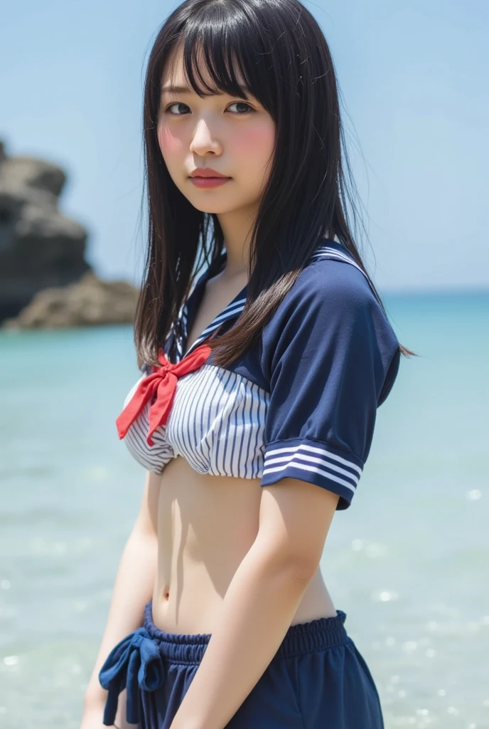nsfw ,Yui Aragaki,japanese,very cute,very pretty,school girl,tiny chest,flat chest,slender,slim,smile,darkblue school swimware,camel toe,beach