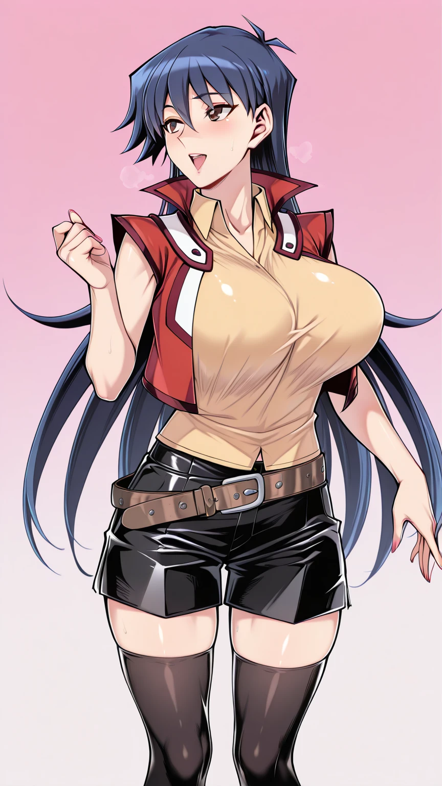 thick outline、comics、photorealistic、perfect hands、masterpiece:1.2、volcanoes、hot spring、lava、Colossal breasts mature woman、Colossal breasts mature woman、、solo、dynamic pose、orasFlannery、sleeveless front tie top、cleavage、abdomen、white belt、Blue pants、medium breasted、Detailed background、detailed face、detailed eyes、