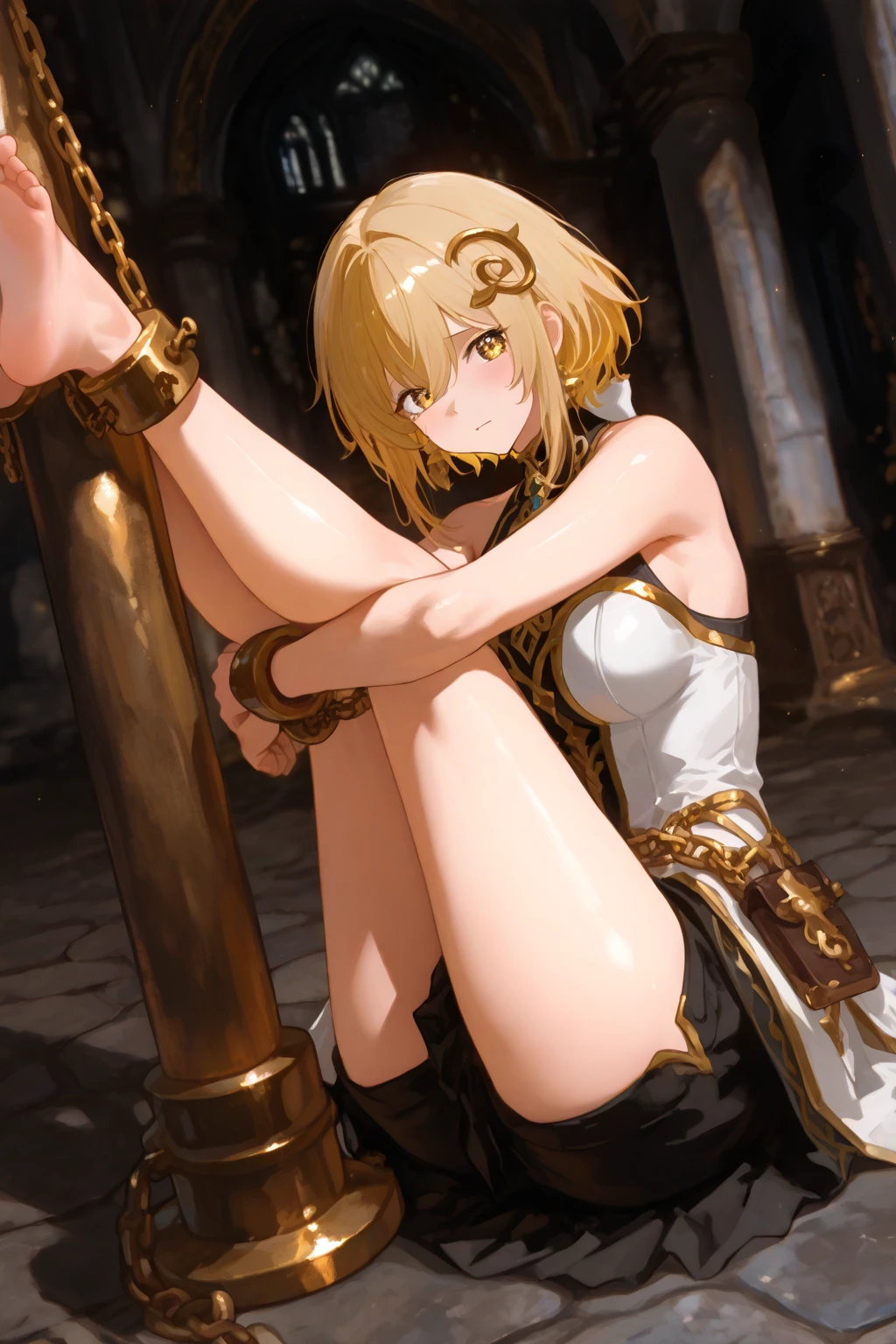 a beautiful lady,blond hair, Long Hair,muscle,anger, loincloth, In a cage, slave, Chained, good looking, Facial blemishes, Squeeze the face, Red eyes, Two hands, Tattoo on the forehead, many chains, Chained on neck