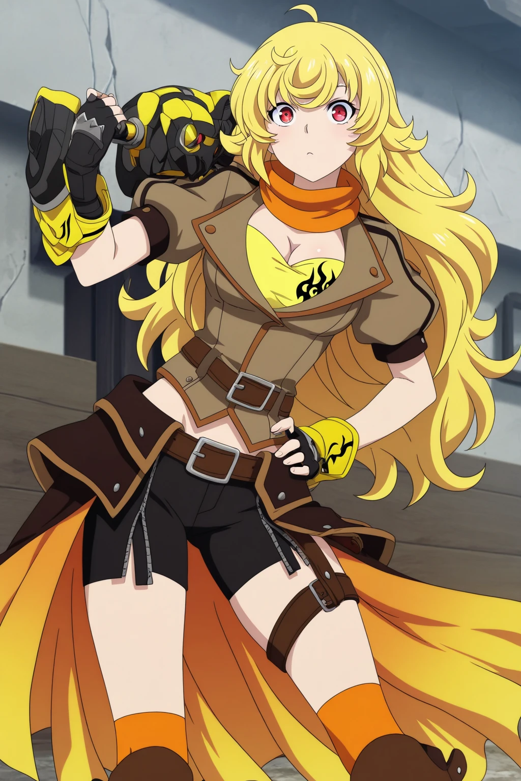 <lora:rwby_yang:0.7> rwby_yang 1girl, blonde hair long hair ahoge wavy hair bangs, purple eyes prosthesis arm, large breasts