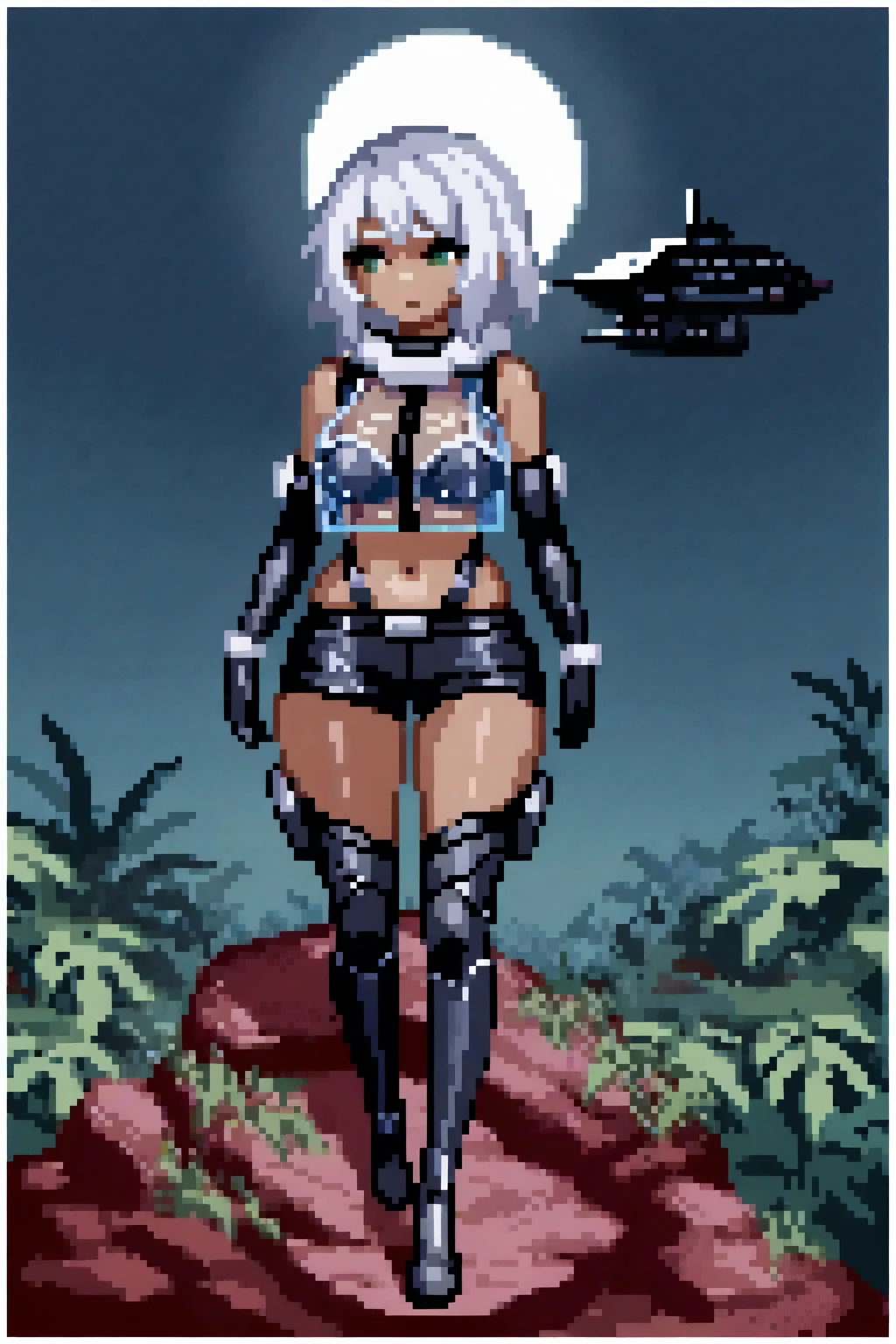 1 girl, high quality, (short hair), forehead, (medium breast), (straps on thighs:1.3), white background, plants, (stocking), (sweaty:1.1), (nipples:0.8), thick thighs, (middle Ages:1.2), (cameltoe:1.1), suit, stomach, (cyborg:1.2), (armor), white hair, hair band, horns