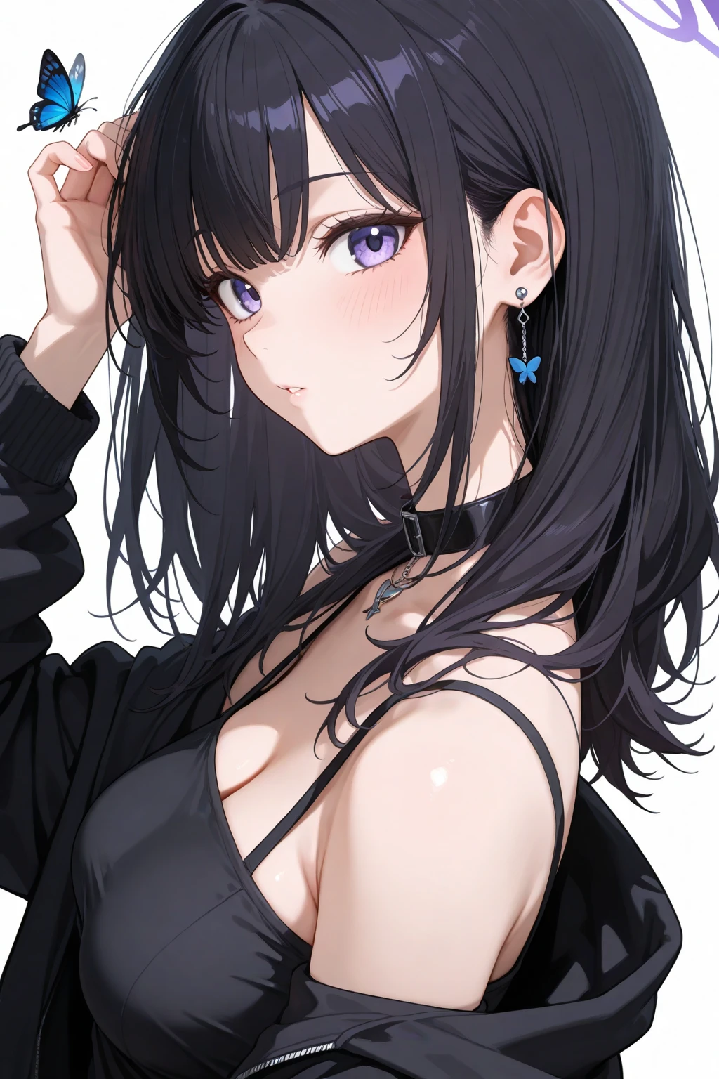Young guy, long dark purple or black hair, violet eyes, Black rich clothes, Masterpiece, hiquality