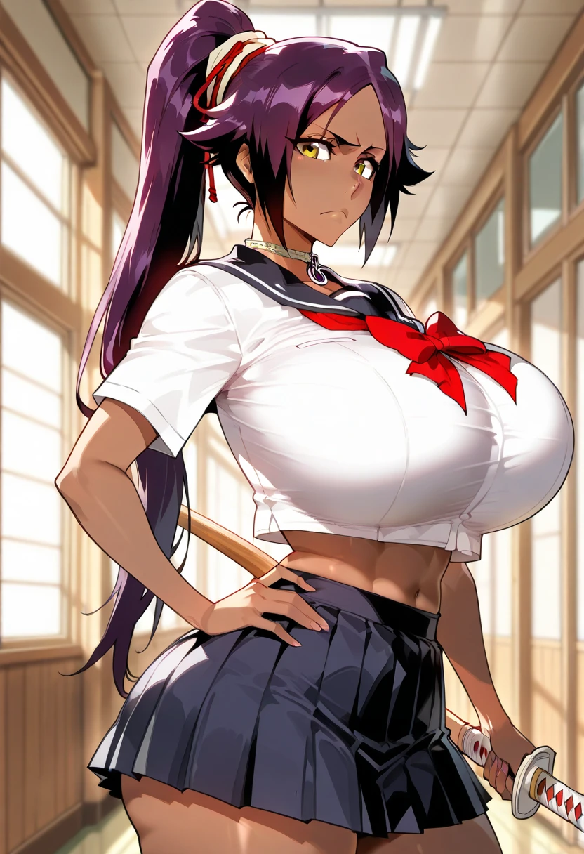 masterpiece, Boku no Hero Academia, Highres, Solo, Yaoyorozu Momo, lustful face, , big breasts, wide hips, tail, , suit and tie, white dress shirt, floating breasts, facing the camera directly, standing facing the viewer, nipple bulge, covered nipples, huge tall shirt collar, formal shirt collar, tall collar, high collar, big red necktie, extremely formal skin-tight clothing, perky breasts, long pointy shirt collar