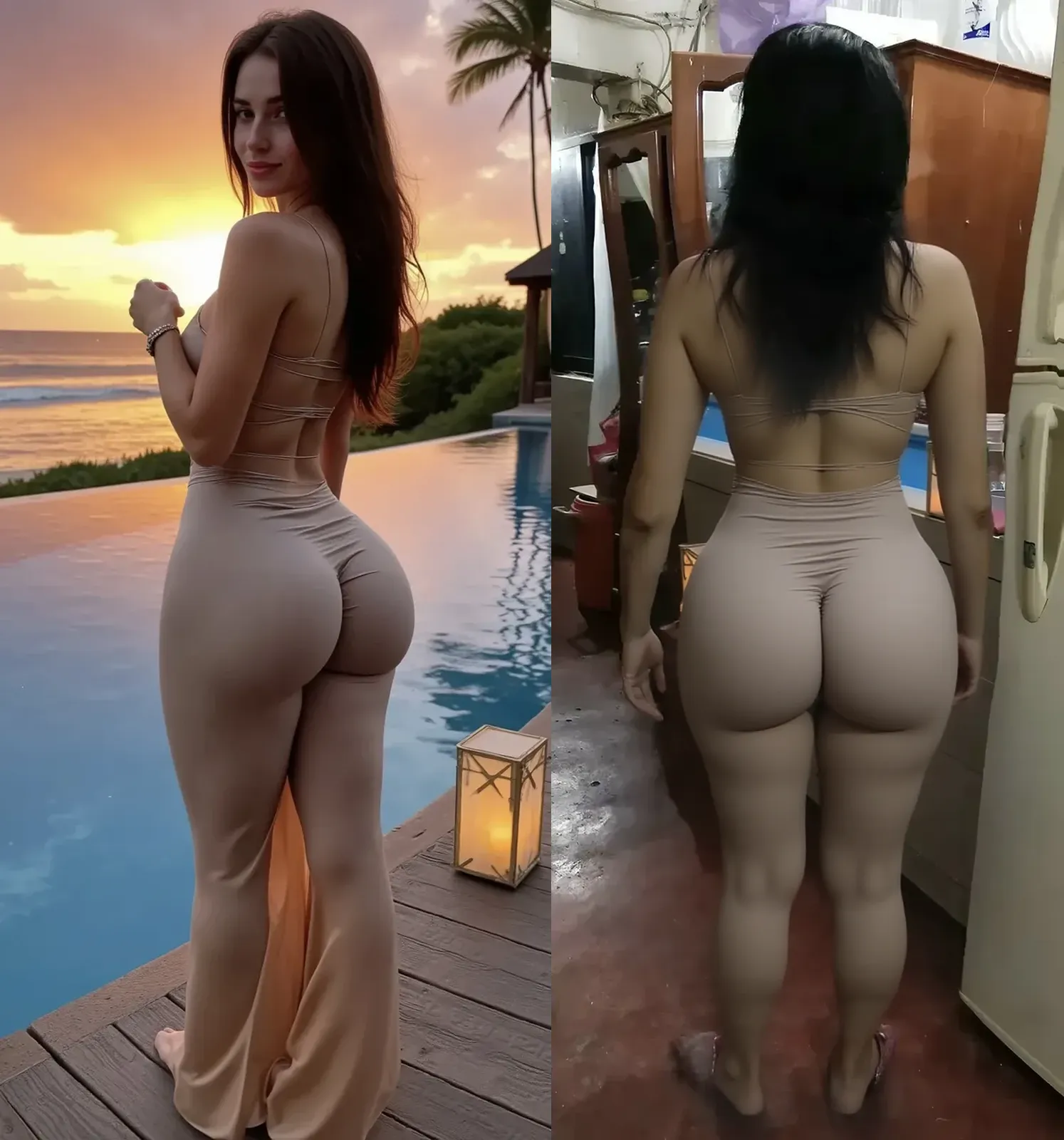 Woman wavy hair athletic body huge breasts dressed in long satin dress with slit backless in glass balcony view beach at night big realistic ass