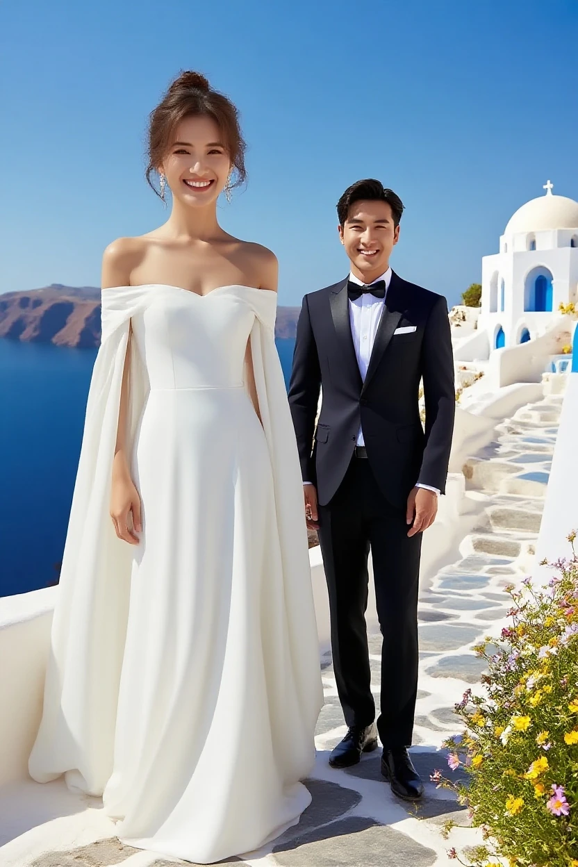 bride and groom walking on a walkway near the ocean, a digital rendering by Aya Goda, trending on cg society, romanticism, lovely couple, ao dai, render, true realistic image, wedding photo, very realistic, very very realistic, couple pose, formal attire, white sleeves, cg art, happy couple, rendering, bride and groom, beautiful and elegant