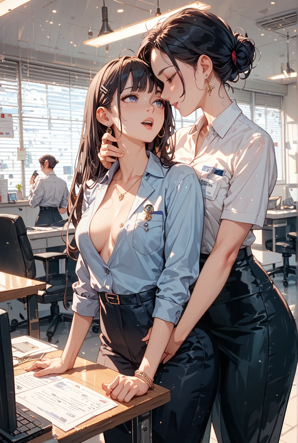 2girl, 2 girl, waist up, concept art, [shu qi:Government Worker in a public office:1], grabbing vagina, masturbating touching her breast naked her vagina no panties, Ruff, Anklet, Makeup, loop lighting, 80mm, official art, unity 8k wallpaper, ultra detailed, aesthetic, masterpiece, best quality, photorealistic, vibrant