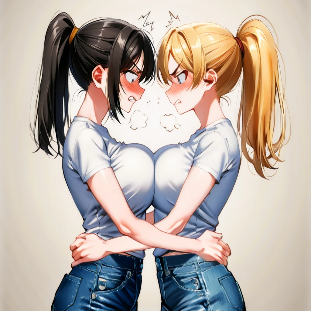 score_9, score_8_up, score_7_up, score_6_up, 2girls, elsa (blonde hair, braid, leggings and crop top:1.2) and anna (brown hair, braided pigtails, jeans and blouse:1.3),, dimly lit dungeon, (bound, tied together, bodies pressed together, bodies entangled:1.4), rope, gagged, (cinematic lighting:1.4).
