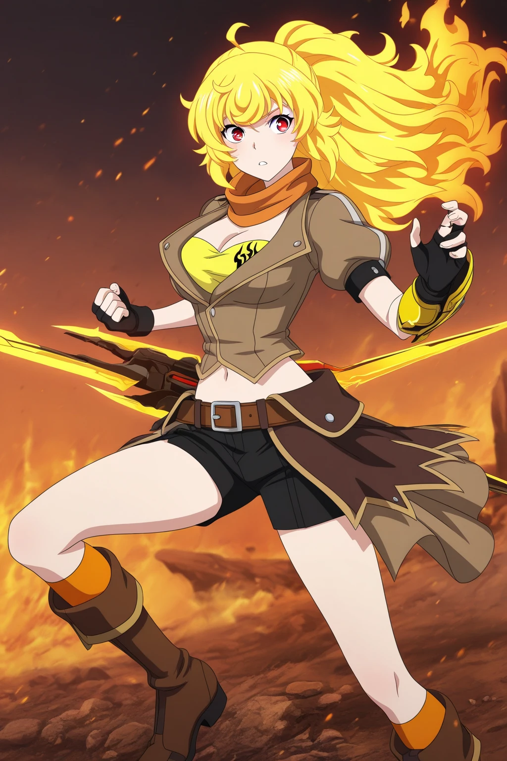 best quality, highres, absurdres, ultra detailed, <lora:RWBYYangV1:0.8>, YangXiaoLong, 1girl, solo, shorts, jacket, cleavage, prosthetic arm, prosthesis,