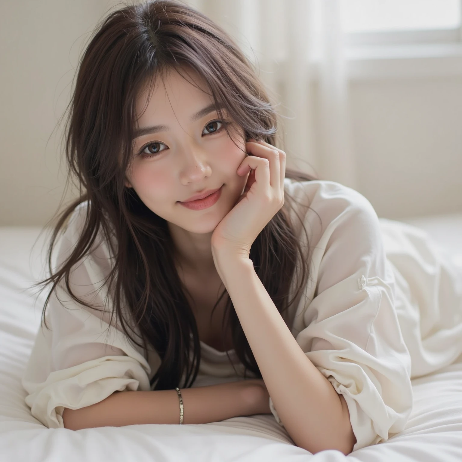  Highest quality, figure, Super detailed, In detail, High resolution, 8k wallpaper, Perfect dynamic composition, Beautiful attention to detail, Medium chest, Natural color lip, Random sexy poses,smile,、1 girl、Beaver,Long Hairstyles,Sleeping in bed,pajamas