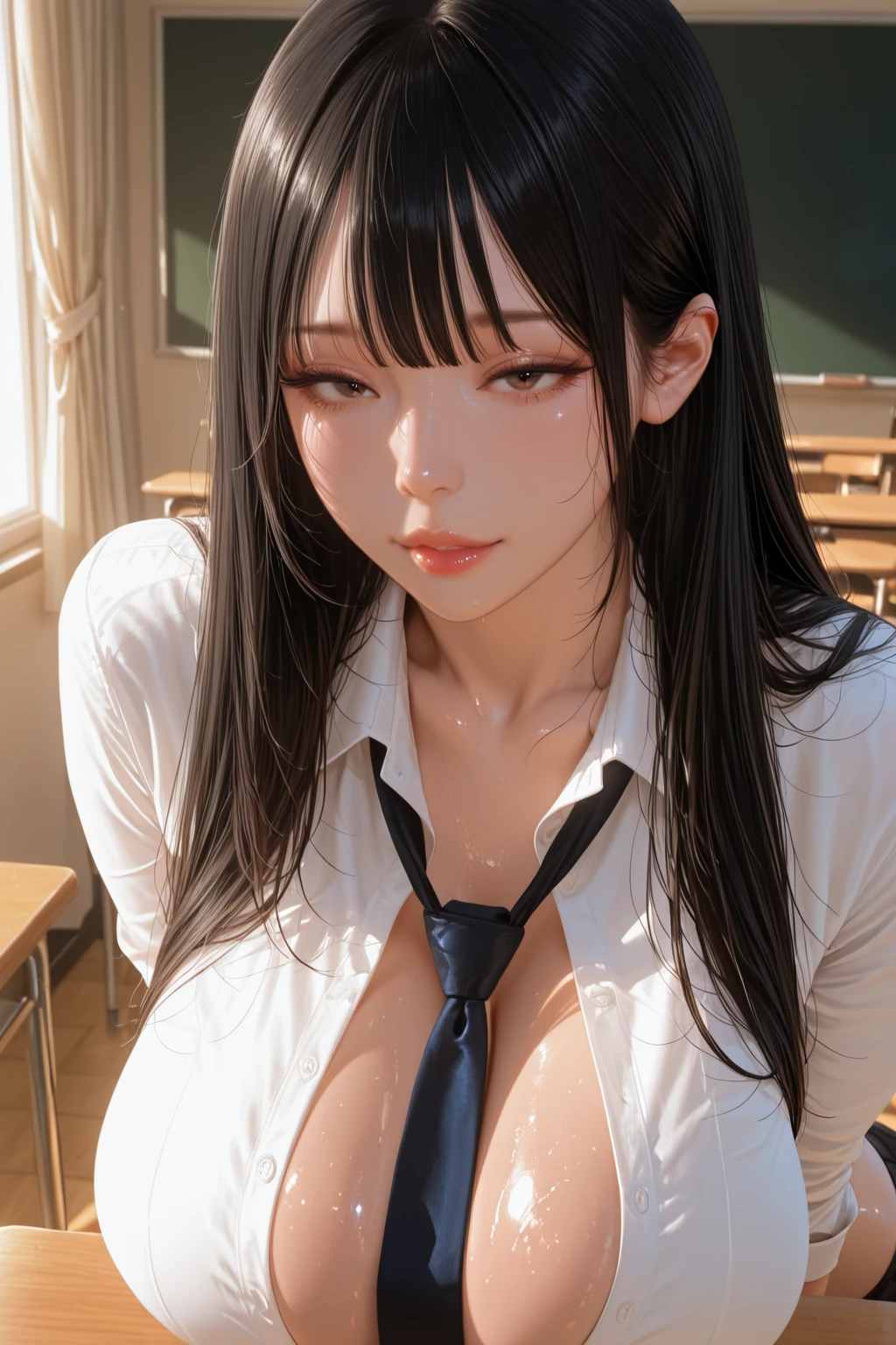 Best Quality ,1girl,Vietnamese, 16 years old, eyeliner,( huge breasts:1.3), (sexy), (perfect body), detailed realistic skin, nudity , ((full body, posing seductively for a picture, studio lighting, professional photography, detailed, horny, semen dripping from her lips, blushed, crying, classroom, dusty classroom ))