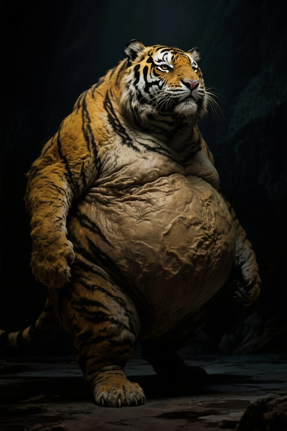 Create a tiger that is fat with obesity and has a lot of fat , the most obese in the world and he sweats from how fat he is