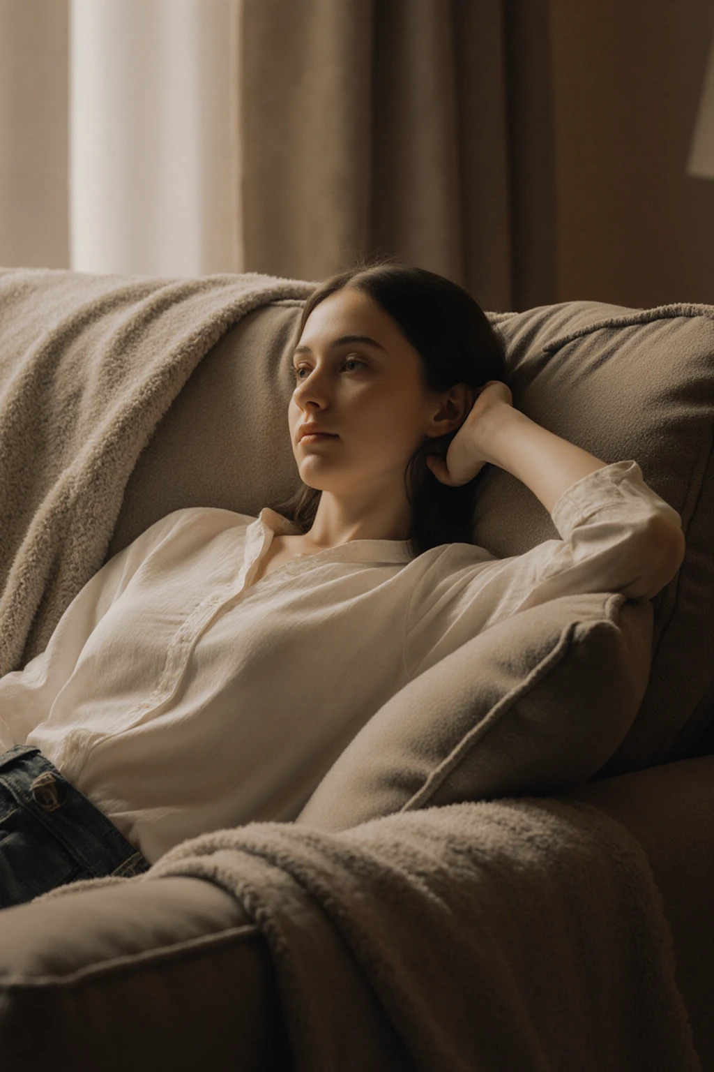 Woman with gray oantalon barefoot sitting in an armchair watching TV