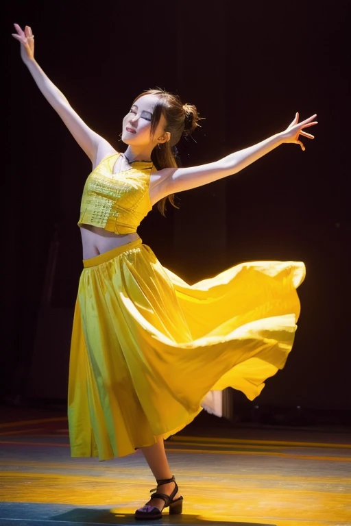 Cover your chest with your hands,Shirtless,don't have clothes,14 years old Japanese girl, Dunhuang dance,golden colored,Dance background,Stage lighting effects,Stage lighting and shadows