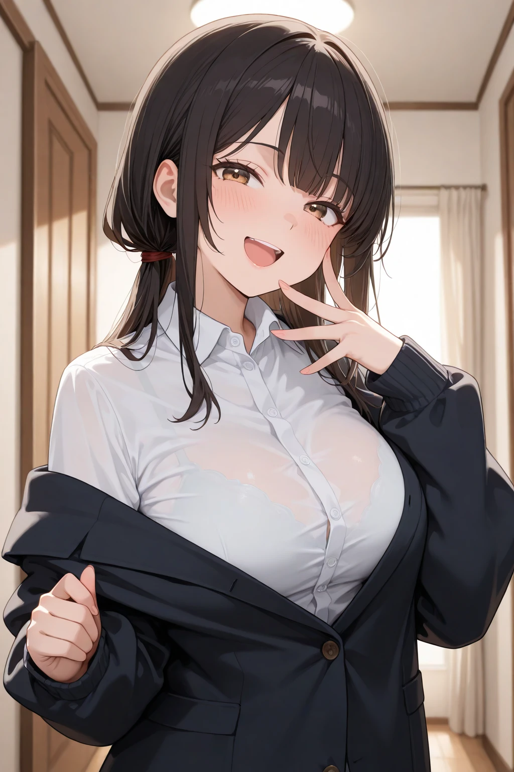 {masterpiece, distinct_image, extremely detailed CG, (extremely detailed fine touch:1.2),beautiful eyes and detailed face, (white_light, light rays, dappled light, ray tracing:1.2), photo realistic, 4k, 8k, high_resolution, (perfect_finger:1.5), (beautiful_detailed_eyes:1.3), glitter, white_light, (glow_white_face, front_light:1.3),{1girl, face_focus, looking for_in_viewer, cowboy_shot, standing},{adult,curvy, (huge_breasts, wide_hip:1.3),thigh_gap, groin, narrow waist, skinny stomach,(Fantasy Academy school student uniform, white button shirt, black Tailored jacket, pleated skirt:1.7),(brown hair, long hair, red eyes, bangs, ponytail:1.3),absurd expression, embarrassed face}