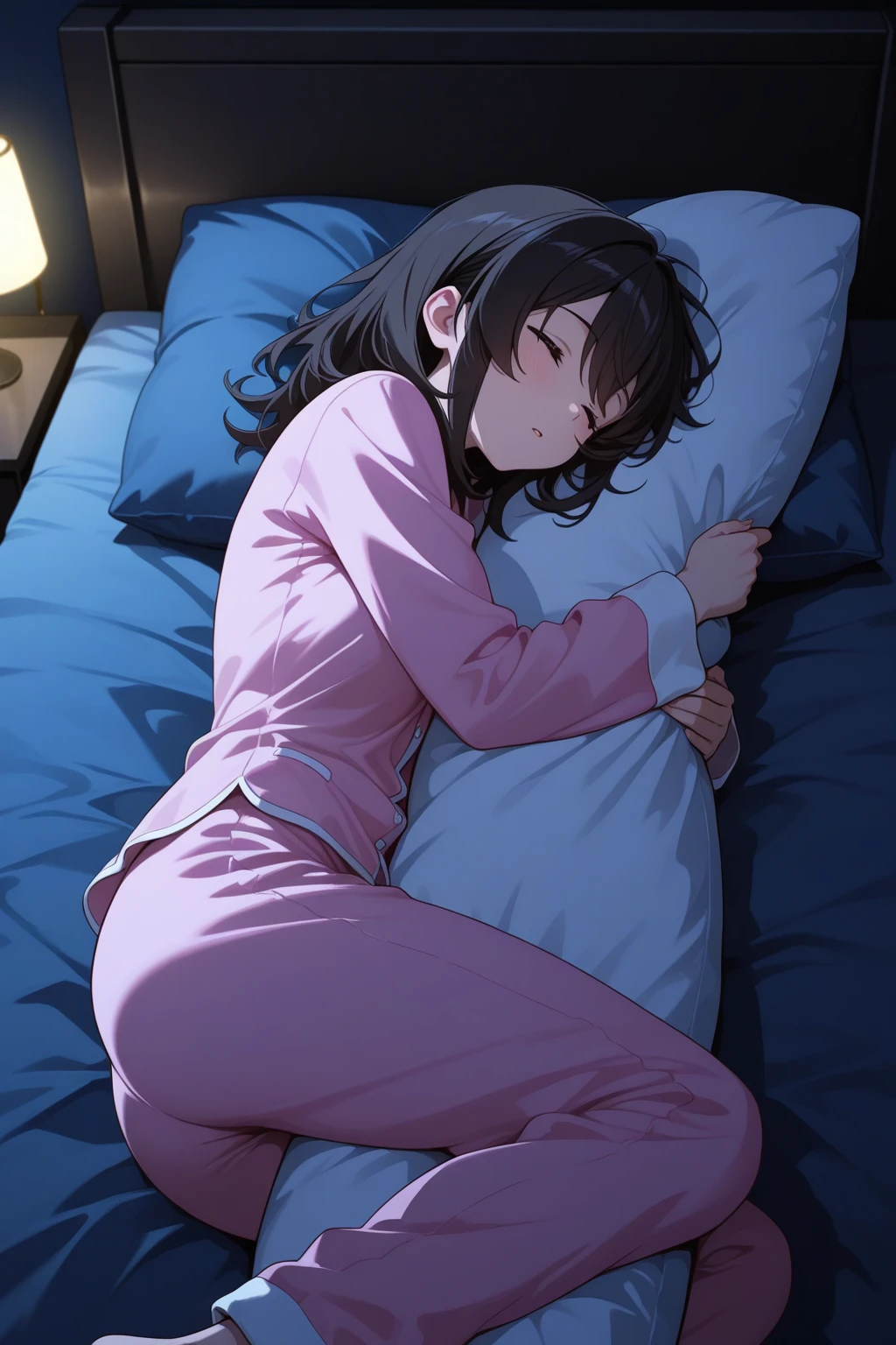 Bed in my room, a girl is sleeping on the bed, her face is flushed with fever, she has a thermometer in her mouth, she is holding the futon with both hands, she is wearing pajamas, she is sweating and her clothes are transparent. Clothes are exposed,