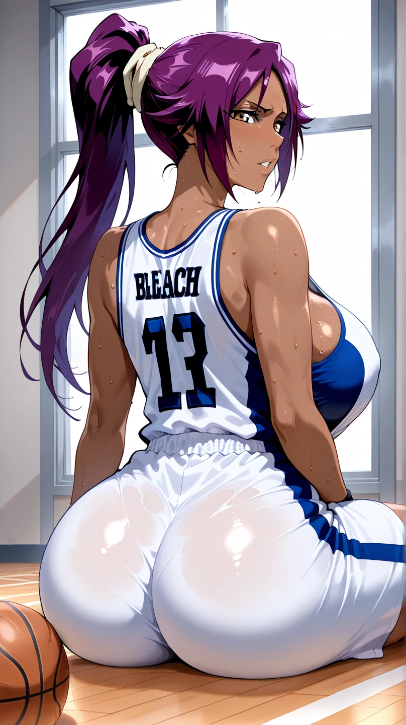 ((masterpiece)), ((best quality)), ((ultra-detailed)), (4K), (style of love live!), (highest quality), (high detail), (high resolution), (detailed face), nsfw, sexy girl in black bikini is standing in outdoor pool with 1 boy,1girl, 1 strong muscular, hands on girl's ass, dark-skinned male, full body, shoot from behind, love live! school idol project, love live!, Tojo Nozomi (love live!), ((perfect eyes)), purple hair, (updo), (beautiful ass:1.2), (curvy body:1.2)