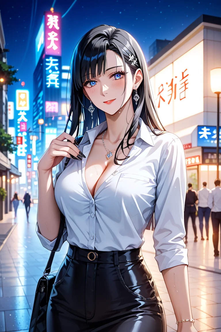 top-quality、Top image quality、masterpiece、Teenage girl((White shirt、Long black trousers、18year old、 Ager、Best Bust、big bast,Black eyes, Black hair、A slender,Large valleys、Not enough red lipstick eyeshadow、Cute earrings、銀の腕時計、sexypose、Bring your chest together、Stylish shoulder bag)),hiquality、Beautiful Art、Background with((white wall for photography、Multiple cameras、Shooting range))masterpiece、depth of fields,Cinematic style